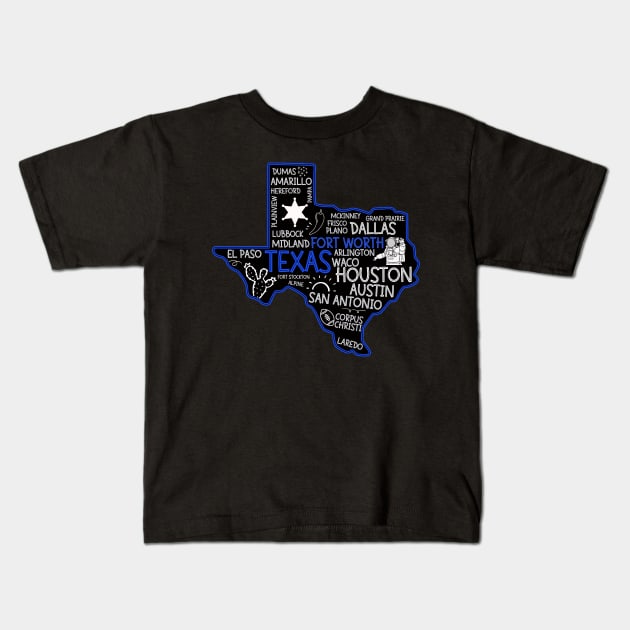 Fort Worth Texas cute map San Antonio Austin El Paso Dallas TX state Kids T-Shirt by BoogieCreates